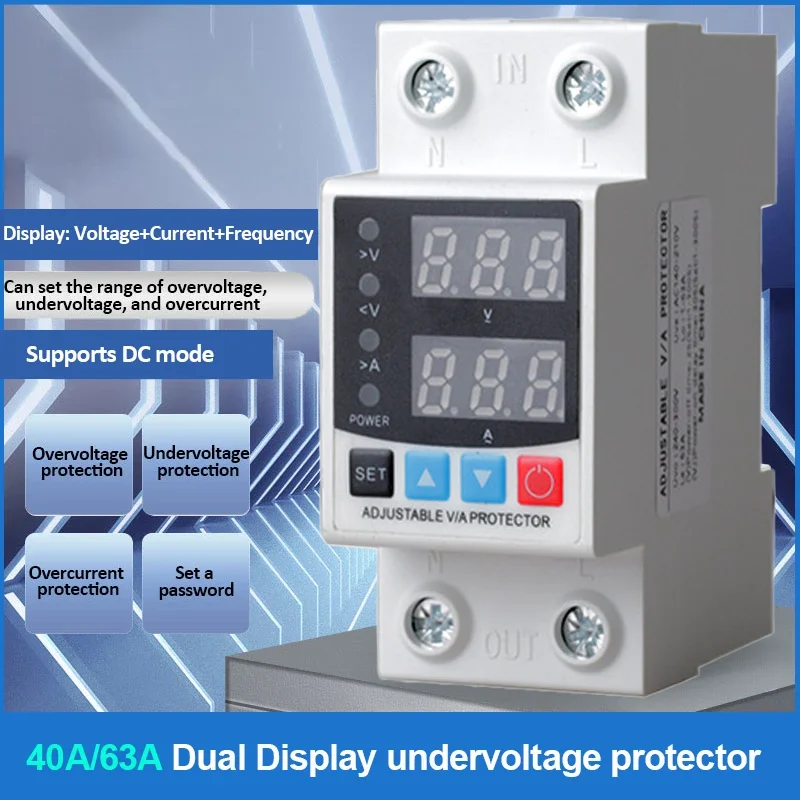 40A/63A 220V Din Rail Dual Display Adjustable Over Voltage Current and Under Voltage Protective Device Protector Relay
40A/63A 220V Din Rail Dual Display Adjustable Over Voltage Current and Under Voltage Protective Device Protector Relay