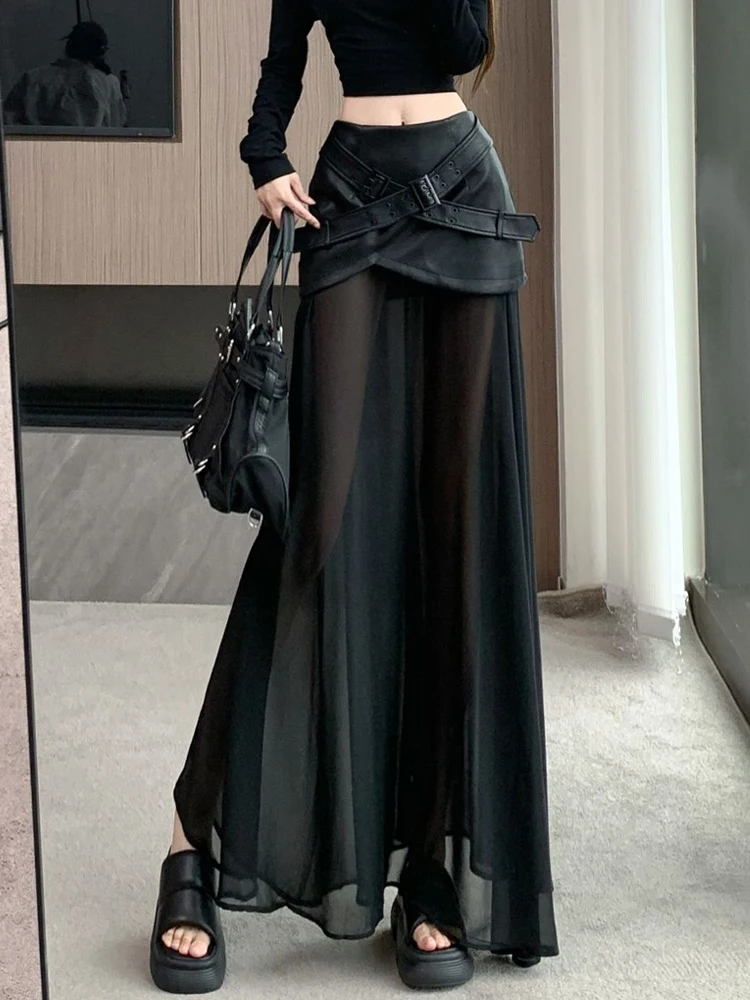 Black PU leather patchwork mesh skirt for women autumn winter high waist A-line skirt 2025 New
Black PU leather patchwork mesh skirt for women autumn winter high waist A-line skirt 2025 New
