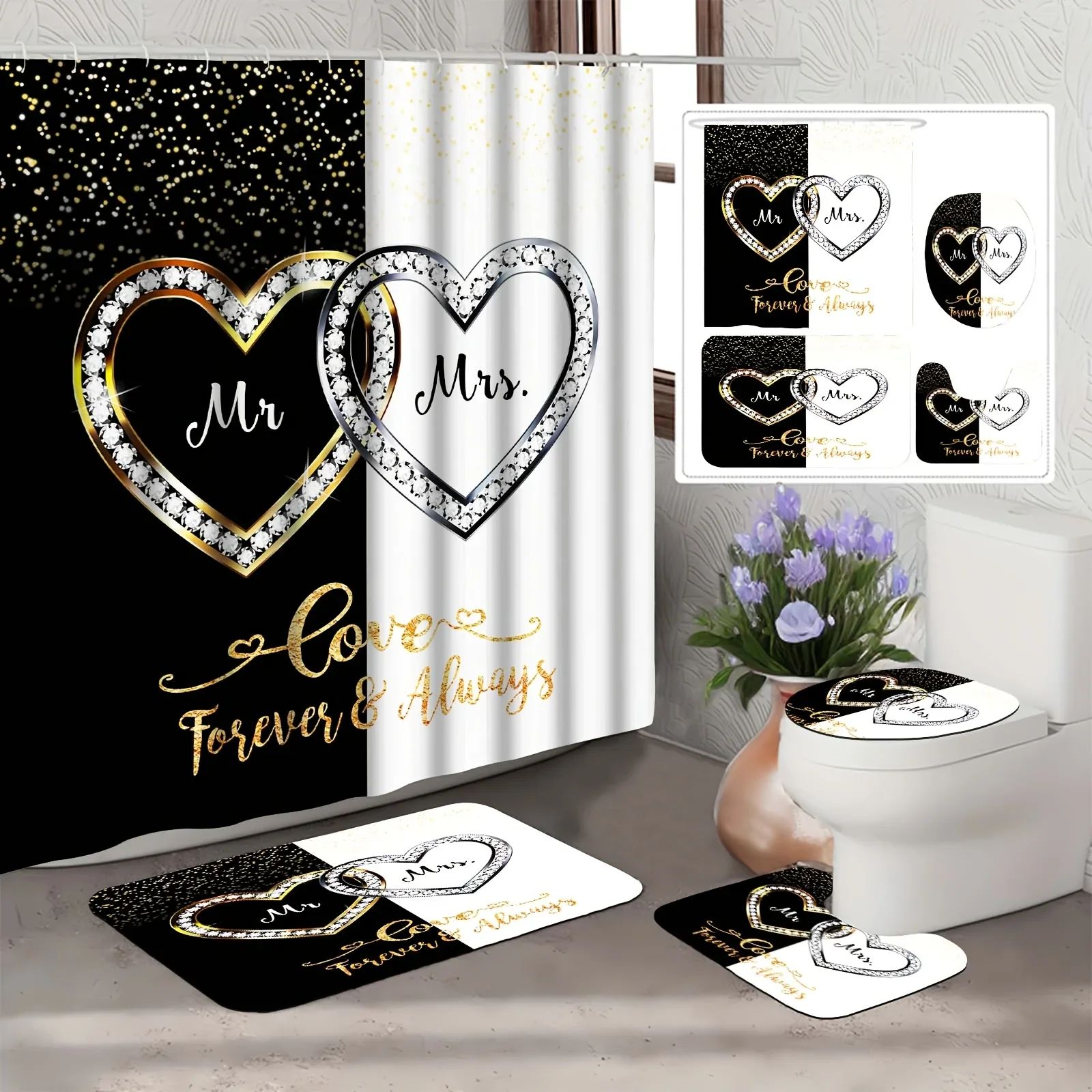 4pc Valentine's Day Mr & Mrs Love Heart Pattern Bathroom Accessories Set -Waterproof, Machine Washable Shower Curtain with Hooks
4pc Valentine's Day Mr & Mrs Love Heart Pattern Bathroom Accessories Set -Waterproof, Machine Washable Shower Curtain with Hooks
