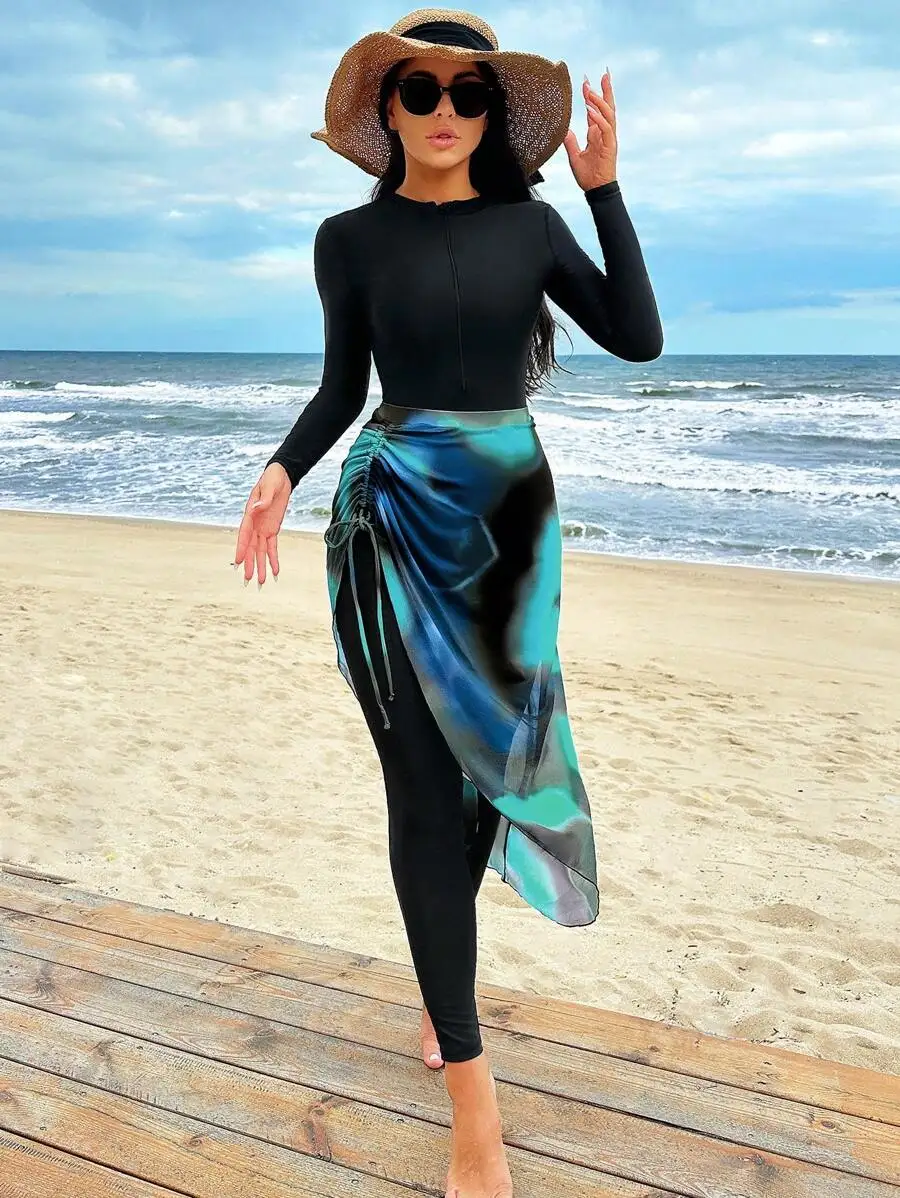 Womens Long Sleeve One-Piece Swimsuit With Wrap Skirt Cover Up For Beach Summer Vacation
Womens Long Sleeve One-Piece Swimsuit With Wrap Skirt Cover Up For Beach Summer Vacation
