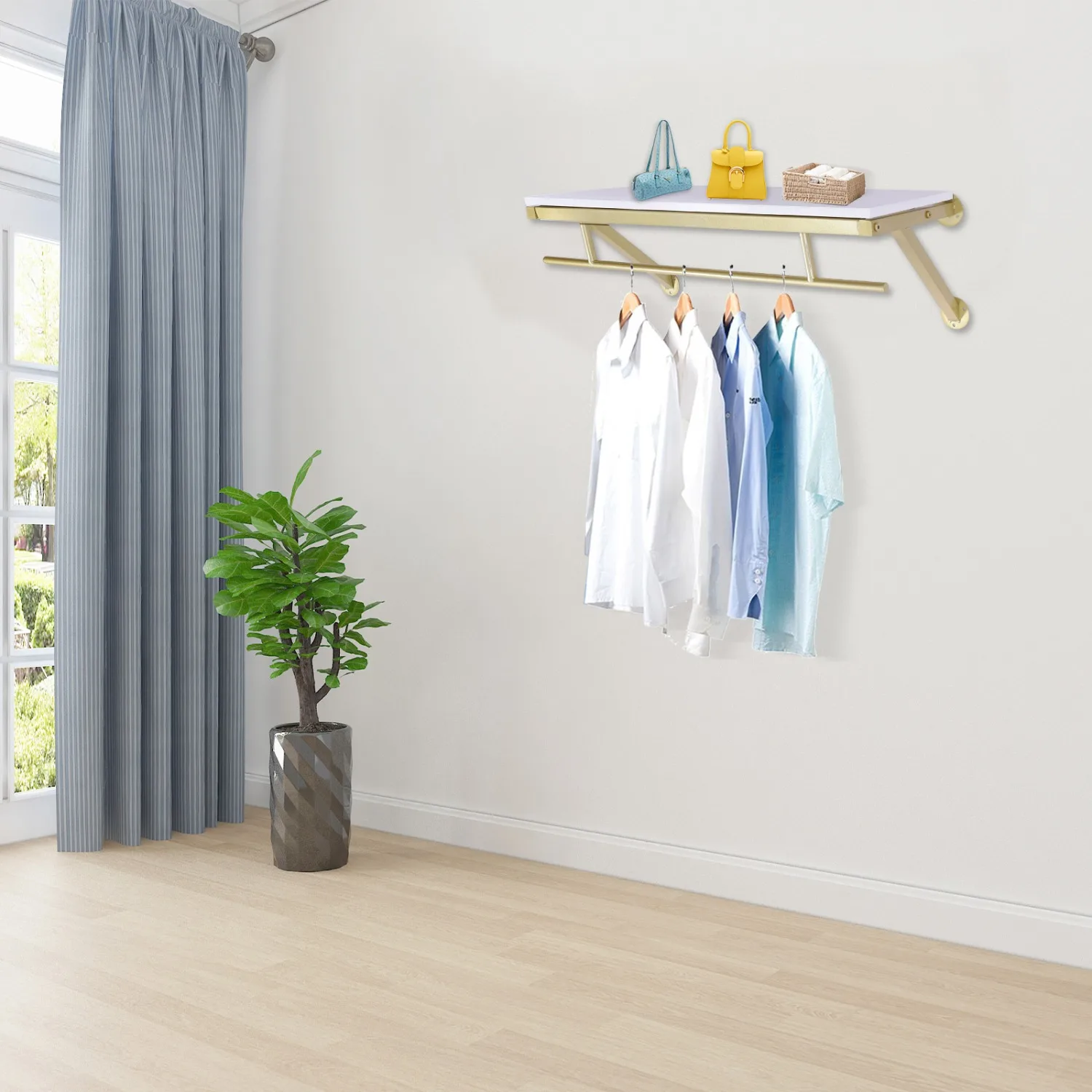 Wall Mounted Clothes Rack with Top Shelf 31.49inch Modern Retail Garment Rack Display Rack, Load-bearing 88lbs, Gold
Wall Mounted Clothes Rack with Top Shelf 31.49inch Modern Retail Garment Rack Display Rack, Load-bearing 88lbs, Gold