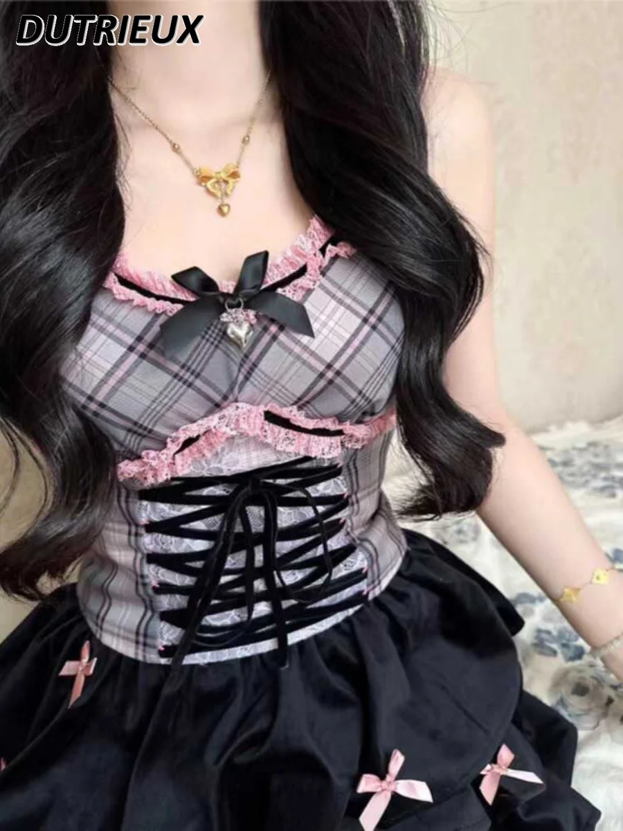 Summer New Plaid Bow Strap Lace Crop Top Sweet Girls Outside Sling Vest High Waist Ruffles Puffy Short Skirt Two-piece Set
Summer New Plaid Bow Strap Lace Crop Top Sweet Girls Outside Sling Vest High Waist Ruffles Puffy Short Skirt Two-piece Set