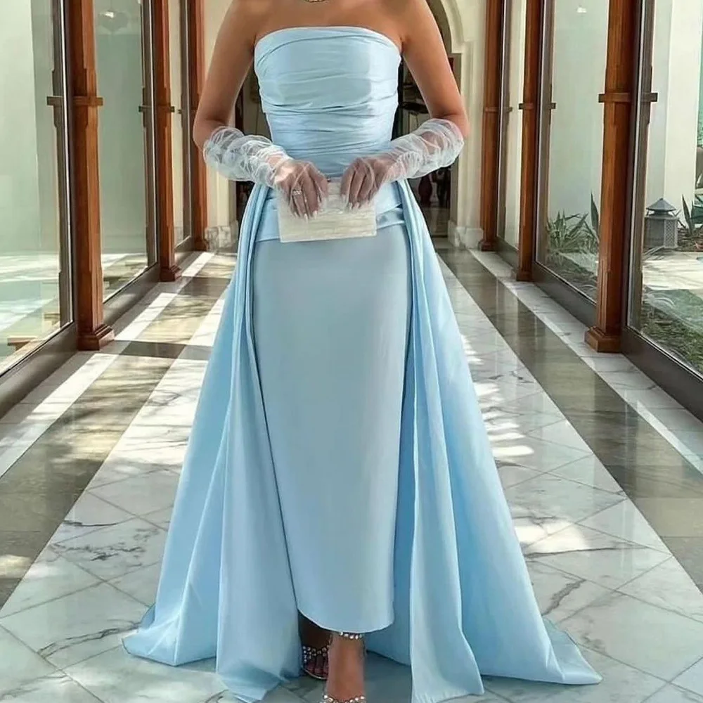 Customized Elegant Sky Blue Jersey with satin Panel Train Evening Dress Classic Strapless and Detachable Sleeve Celebrity Gowns
Customized Elegant Sky Blue Jersey with satin Panel Train Evening Dress Classic Strapless and Detachable Sleeve Celebrity Gowns