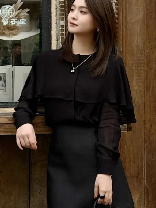Black Shawl-Collar Long Sleeve Women's Shirt Translucent Design Summer New Style Commute Fashion Loose Fit White Enhancing
Black Shawl-Collar Long Sleeve Women's Shirt Translucent Design Summer New Style Commute Fashion Loose Fit White Enhancing