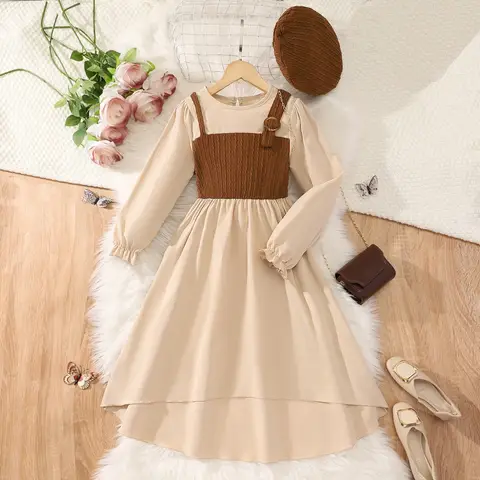【Free Hat】 Dress Teens Girl Clothes Long Sleeve 8 9 10 11 12Y Spring Summer Princess Style Khaki Party Clothing For Kids Girl