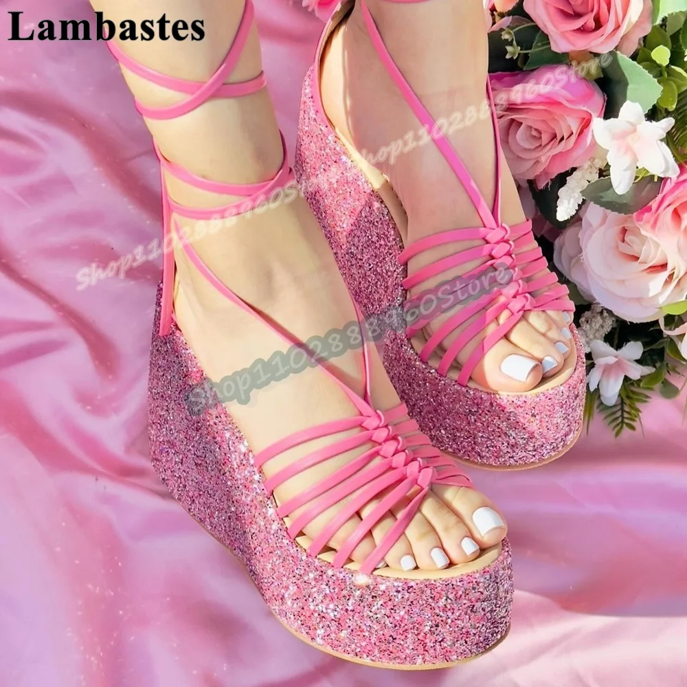 Pink Narrow Strip Glitter Platform Sandals Wedges High Heel Shoes For Women Lace Up Open Toe Fashionable Banquet Women Sandals
Pink Narrow Strip Glitter Platform Sandals Wedges High Heel Shoes For Women Lace Up Open Toe Fashionable Banquet Women Sandals
