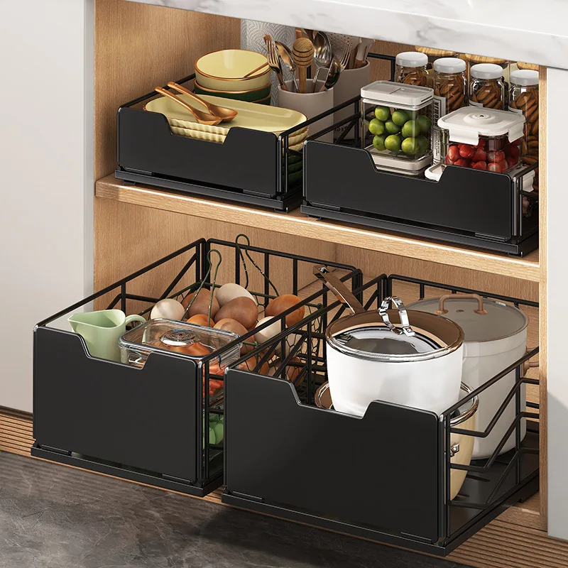 Kitchen storage basket rack with slide rail, seasoning storage in cabinet
Kitchen storage basket rack with slide rail, seasoning storage in cabinet