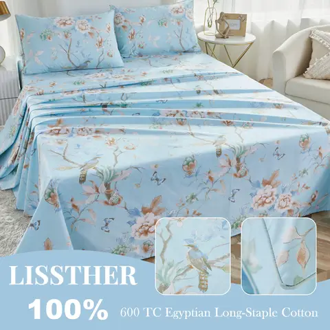 4-teiliges 600TC-Bettlaken-Set aus 100 % ägyptischer Baumwolle, Vintage-Stil, blauer Vogel, Aquarell, Blumenmuster, weich, hautfreundlich (keine Einsätze)