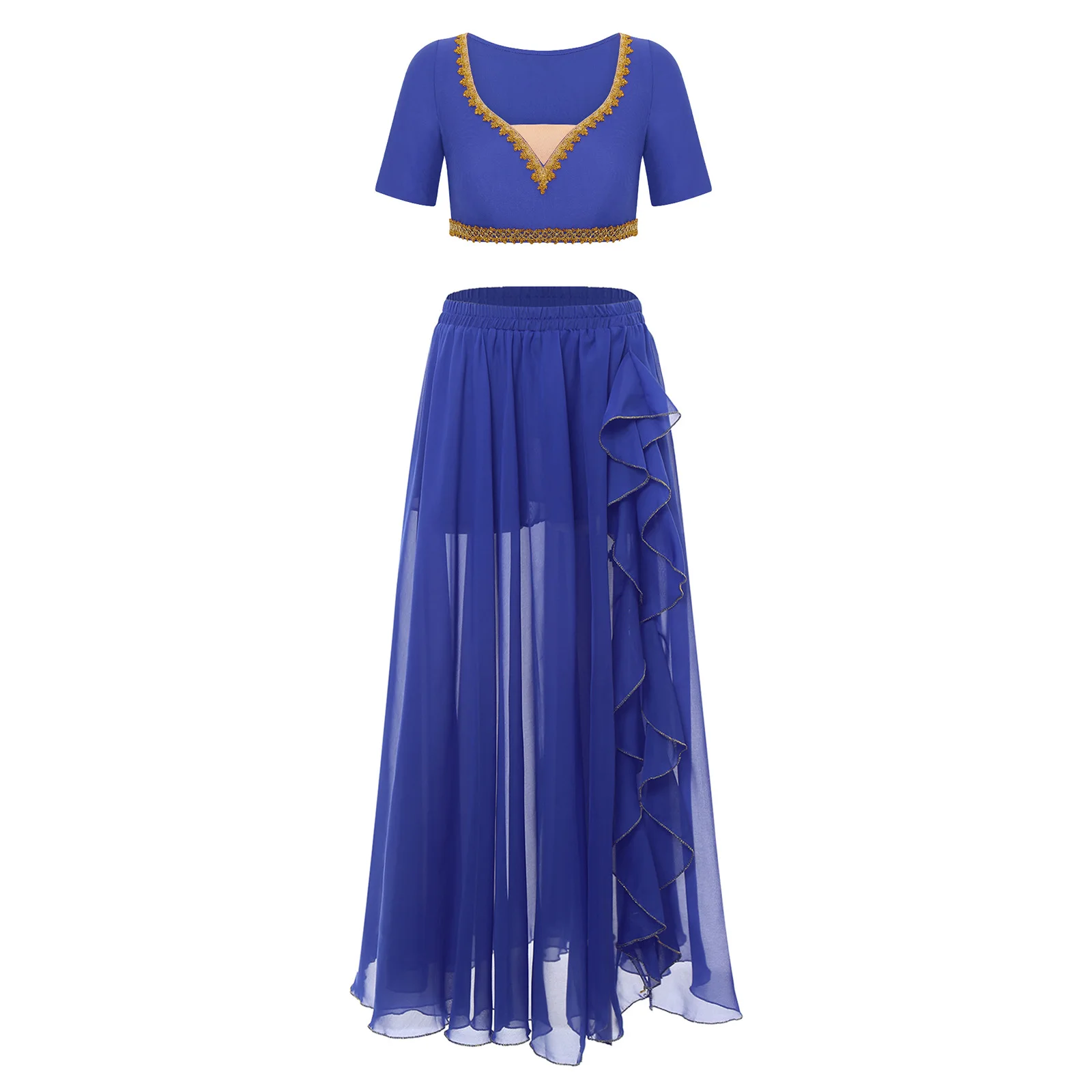 Women Belly Dance Outfit Lyrical Cha-cha Dance Costume Set Short Sleeve Gold Trim Crop Top with Ruffles Side Split Chiffon Skirt
Women Belly Dance Outfit Lyrical Cha-cha Dance Costume Set Short Sleeve Gold Trim Crop Top with Ruffles Side Split Chiffon Skirt