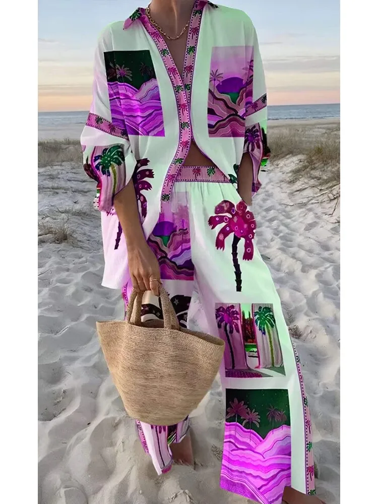 Spring Fashion Casual Print Beach Holiday Two Piece Sets Summer Long Sleeve Shirt Top + Wide Leg Pant Women's Two-Piece Outfit
Spring Fashion Casual Print Beach Holiday Two Piece Sets Summer Long Sleeve Shirt Top + Wide Leg Pant Women's Two-Piece Outfit