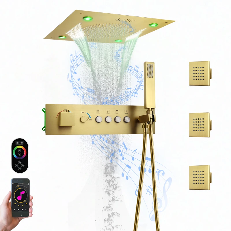 Luxury Gold 16 Inch Led Shower Head With Music Speaker Rain Waterfall Shower Bathroom Thermostatic Shower Faucet Set
Luxury Gold 16 Inch Led Shower Head With Music Speaker Rain Waterfall Shower Bathroom Thermostatic Shower Faucet Set