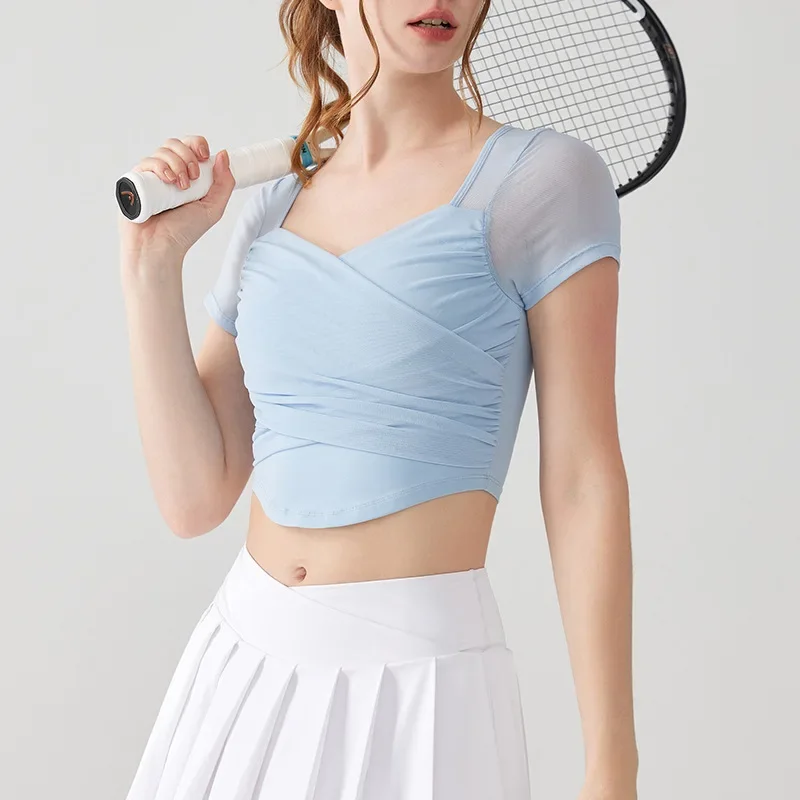 Cross Pleated Short Sleeved Fixed Cup Hollow Mesh Short Style Quick Drying Sports T-shirt Fitness Top for Women
Cross Pleated Short Sleeved Fixed Cup Hollow Mesh Short Style Quick Drying Sports T-shirt Fitness Top for Women