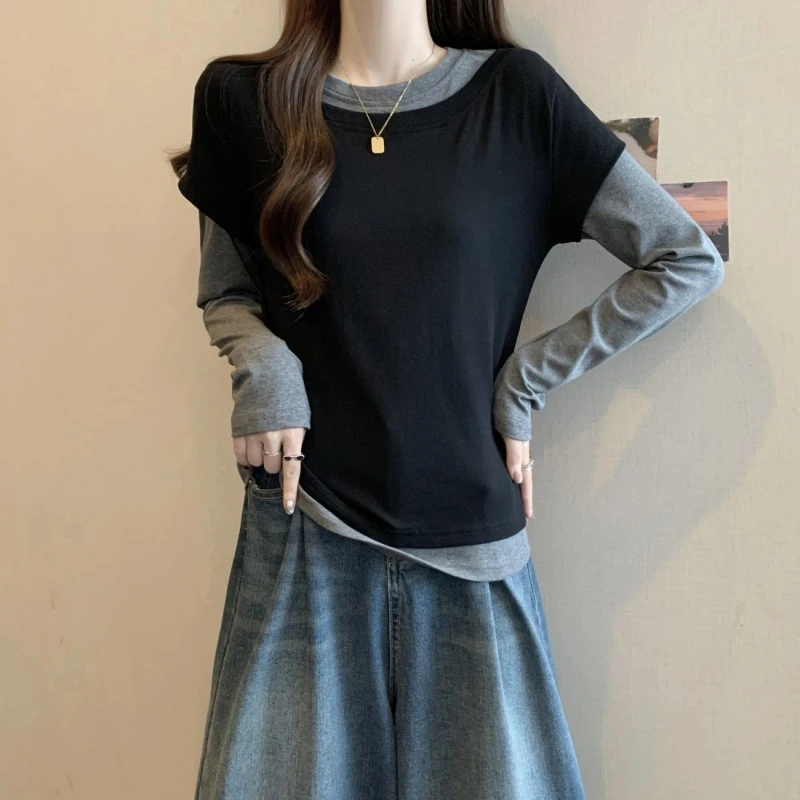 Fake Two Piece Patchwork Long Sleeve Contrast Trend Tops Tees Spring Autumn New Loose Casual Tops Fashion Korean Women Clothing
Fake Two Piece Patchwork Long Sleeve Contrast Trend Tops Tees Spring Autumn New Loose Casual Tops Fashion Korean Women Clothing