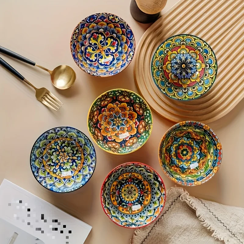 us6pcs Bohemian Ceramic Bowl Set | Colorful Mediterranean-style Tableware with Mandala and Paisley Patterns, Suitable for Family Gatherings, Includes Round Soup Bowls, Dessert Bowls, Noodle Bowls, Salad Bowls, Microwave Safed
us6pcs Bohemian Ceramic Bowl Set | Colorful Mediterranean-style Tableware with Mandala and Paisley Patterns, Suitable for Family Gatherings, Includes Round Soup Bowls, Dessert Bowls, Noodle Bowls, Salad Bowls, Microwave Safed