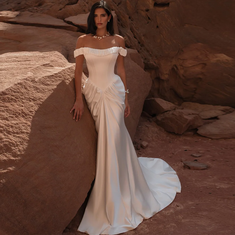 Fashion Pleats Satin Customized Vestido De Novia Graceful Mermaid Off the Shoulder Wedding Dress Dreamy Strapless Bridal Gowns
Fashion Pleats Satin Customized Vestido De Novia Graceful Mermaid Off the Shoulder Wedding Dress Dreamy Strapless Bridal Gowns