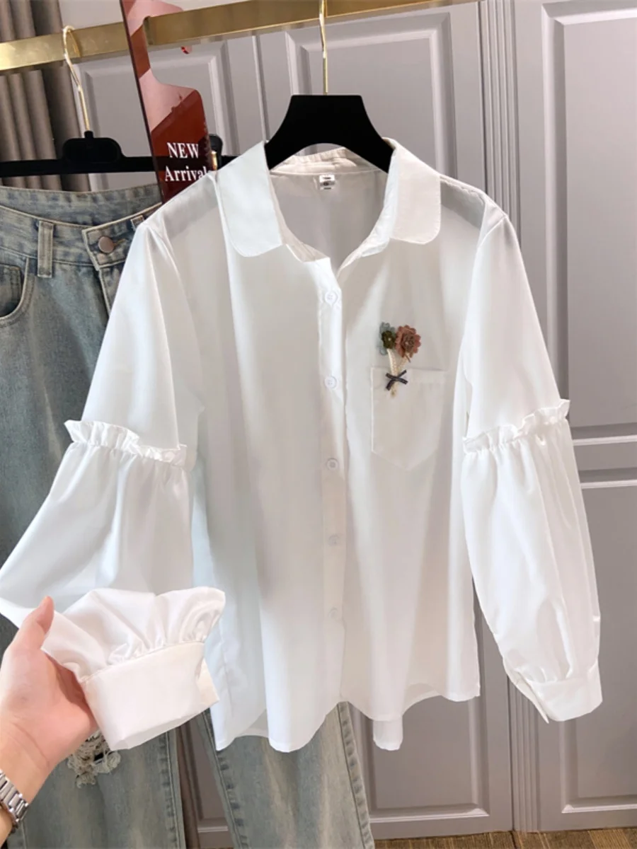 White Cotton Lantern Sleeve Shirt Women's Spring Autumn Single Pocket Flower Embroidery Korean Style Loose Fit Button up
White Cotton Lantern Sleeve Shirt Women's Spring Autumn Single Pocket Flower Embroidery Korean Style Loose Fit Button up