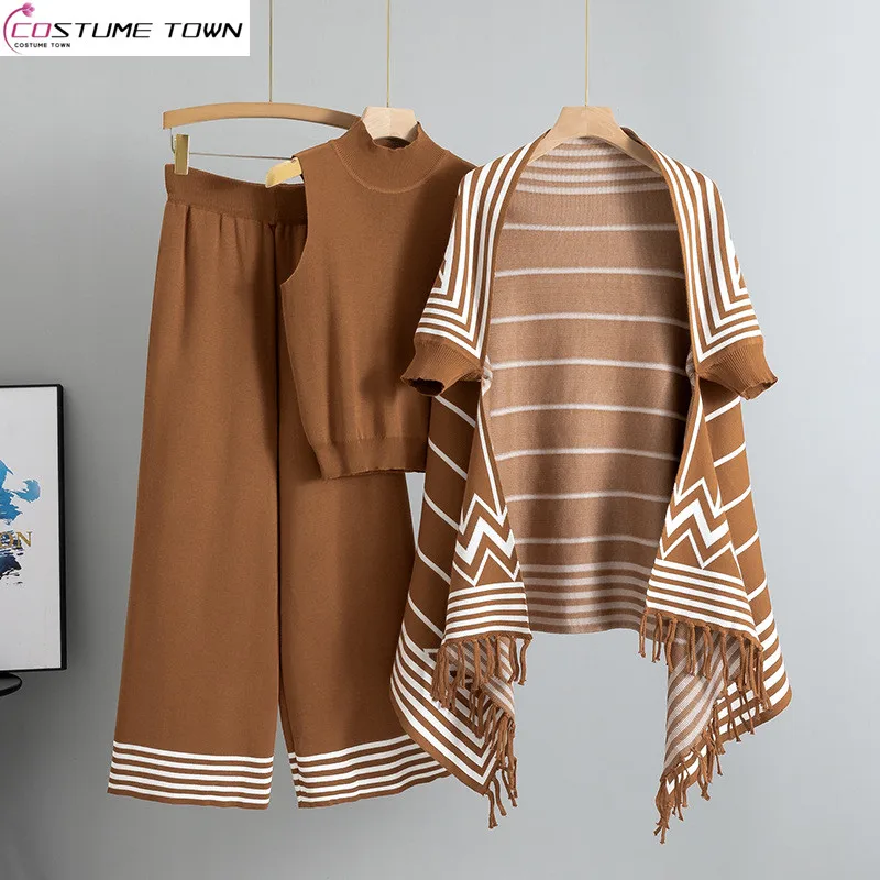 Autumn and winter new casual fashion women's knitted striped shawl+vest+wide leg pants three piece set
Autumn and winter new casual fashion women's knitted striped shawl+vest+wide leg pants three piece set