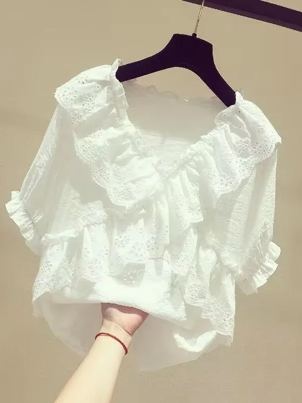 Slimming V-Neck Chiffon Top Women's Fashionable Loose Short Sleeve Babydoll Collar Spring Summer Casual Wear Korean Style
Slimming V-Neck Chiffon Top Women's Fashionable Loose Short Sleeve Babydoll Collar Spring Summer Casual Wear Korean Style