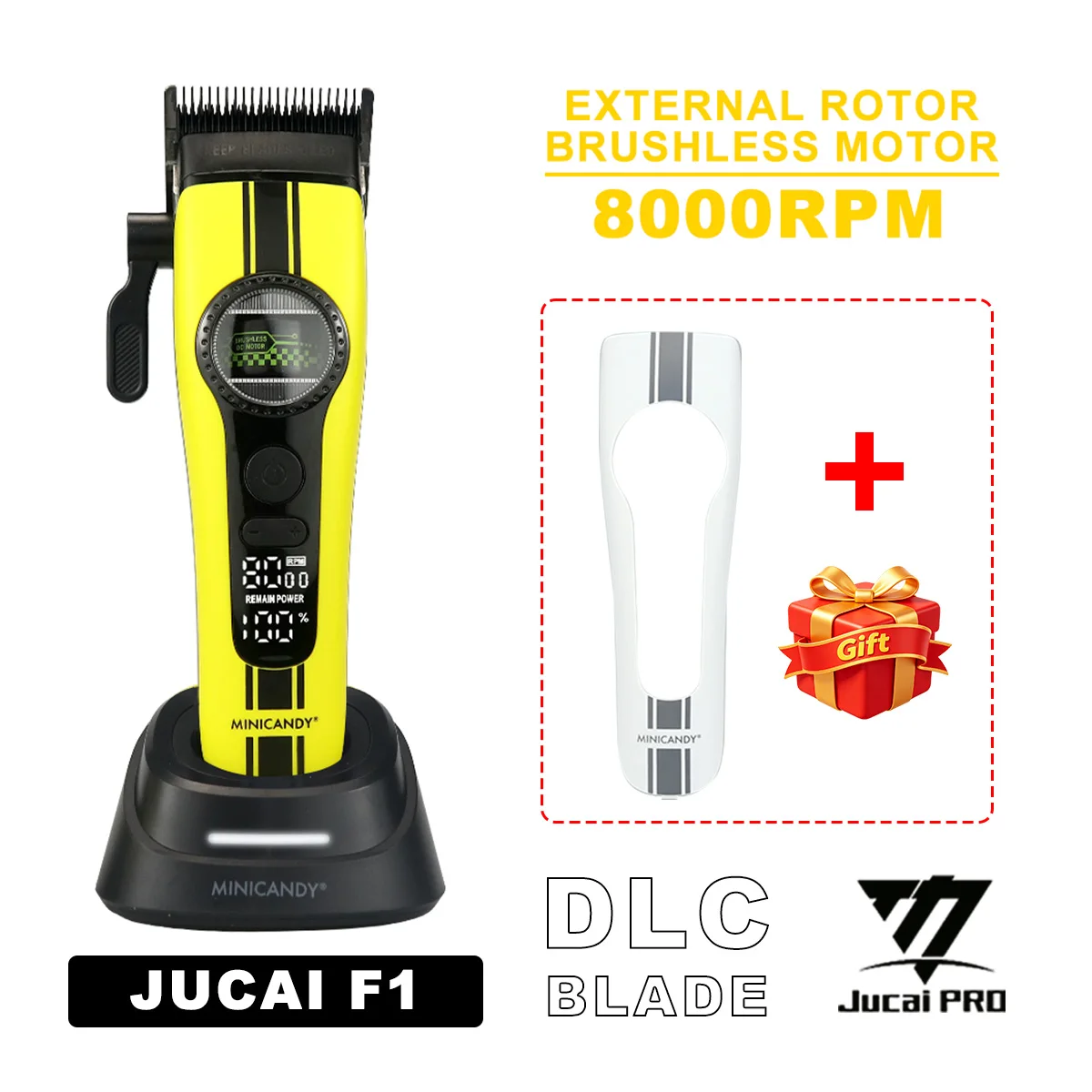 JUCAI MINICANDY F1 External Rotor Brushless Motor Men's Hair Clipper DLC 8000RPM Base Charger Professional Hair Cutting Machine
JUCAI MINICANDY F1 External Rotor Brushless Motor Men's Hair Clipper DLC 8000RPM Base Charger Professional Hair Cutting Machine