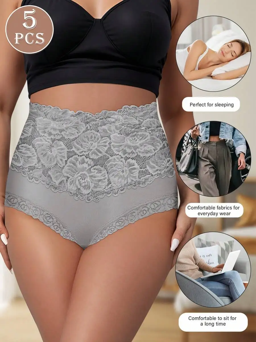 5-Pack Women High Waist Tummy Control Lace Floral Briefs Comfortable Cotton Daily Panties
5-Pack Women High Waist Tummy Control Lace Floral Briefs Comfortable Cotton Daily Panties