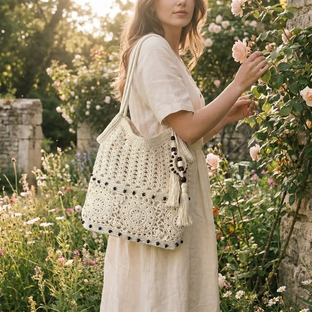 Simple Bohemian Crochet Tote Bag with Bead Fringe Charm Hollowed Out Boho Weave Bag Large Capacity Handbag Knitted Bag Beach
Simple Bohemian Crochet Tote Bag with Bead Fringe Charm Hollowed Out Boho Weave Bag Large Capacity Handbag Knitted Bag Beach