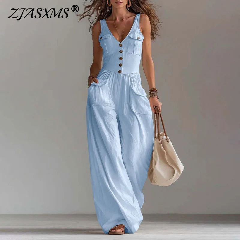 Spring Sexy High Waist Pocket Long Jumpsuit Casual V Neck Button Boho Playsuit Woman New Sleeveless Summer Beach Romper Overalls
Spring Sexy High Waist Pocket Long Jumpsuit Casual V Neck Button Boho Playsuit Woman New Sleeveless Summer Beach Romper Overalls