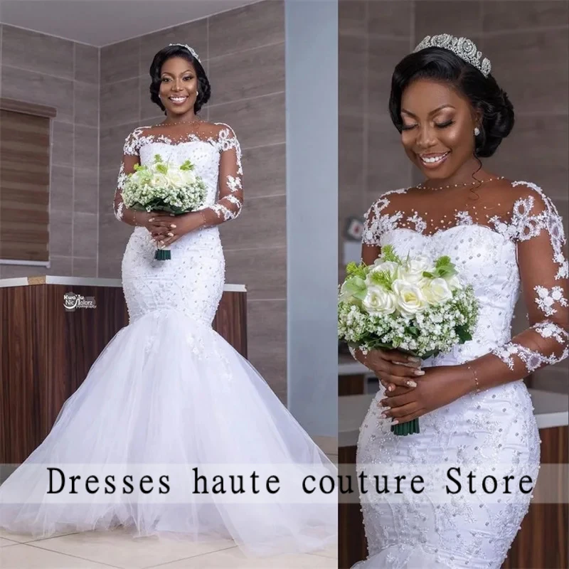Customized African Luxury Beading Mermaid Wedding Dress Long Sleeve Appliques Pearls Wedding Gowns Black Bride Vestido de noiva
Customized African Luxury Beading Mermaid Wedding Dress Long Sleeve Appliques Pearls Wedding Gowns Black Bride Vestido de noiva