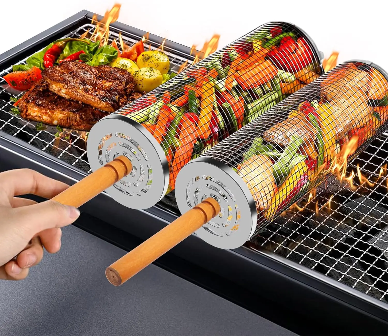 2-Piece Nesting BBQ Grill Baskets with Removable Wooden Handles, 304 Stainless Steel Mesh for Vegetables & Shrimp, Outdoor Grilling Accessories
2-Piece Nesting BBQ Grill Baskets with Removable Wooden Handles, 304 Stainless Steel Mesh for Vegetables & Shrimp, Outdoor Grilling Accessories