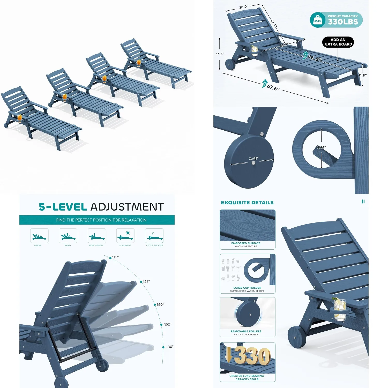 5-Position Adjustable HDPE Outdoor Chaise Lounge Set of 4 with Wheels & Cup Holder for Poolside Deck, Customized
5-Position Adjustable HDPE Outdoor Chaise Lounge Set of 4 with Wheels & Cup Holder for Poolside Deck, Customized