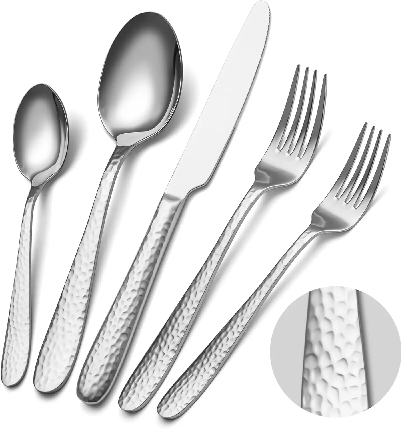 Hammered 40-Piece Flatware Set for 8, Mirror Finish Stainless Steel Cutlery with Knife, Fork, Spoon, Dishwasher Safe
Hammered 40-Piece Flatware Set for 8, Mirror Finish Stainless Steel Cutlery with Knife, Fork, Spoon, Dishwasher Safe