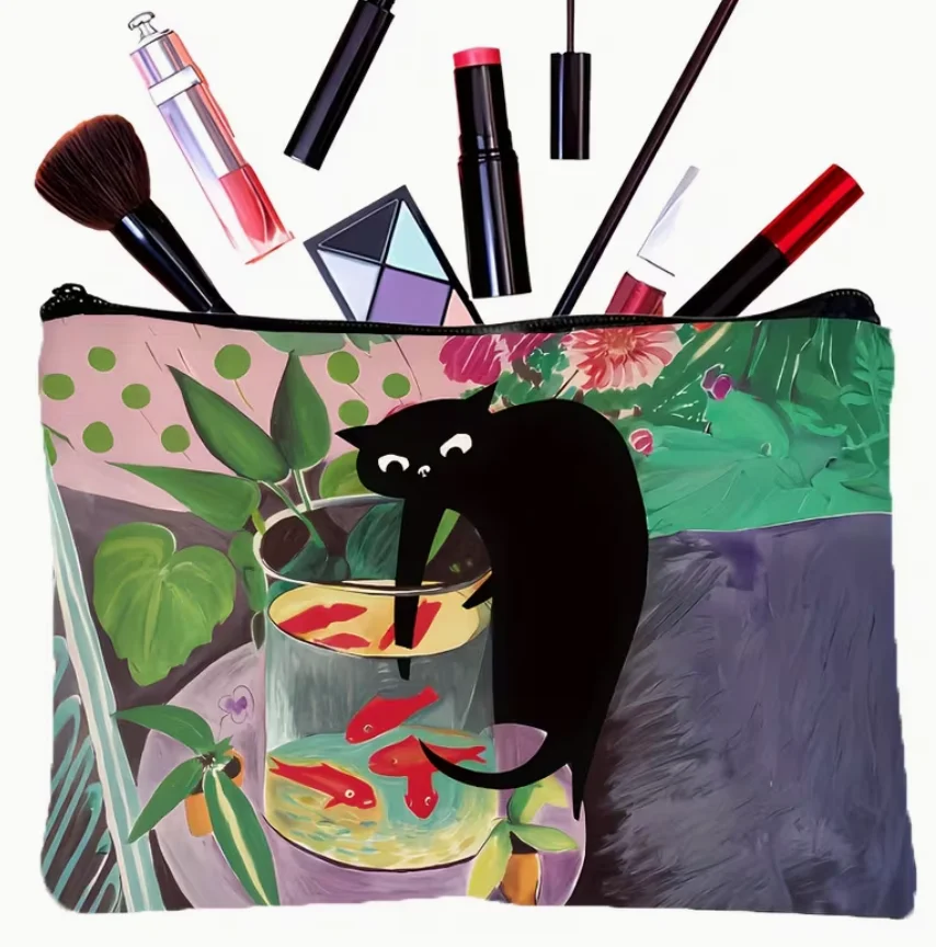 Whimsical Black Cat Goldfish Cosmetic Bag with Zipper Closure Vibrant Floral Makeup & Travel Gift for Cat Lovers Women, Sisters
Whimsical Black Cat Goldfish Cosmetic Bag with Zipper Closure Vibrant Floral Makeup & Travel Gift for Cat Lovers Women, Sisters