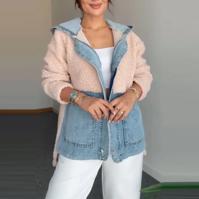 Casual Fashion Hooded Jacket Short Coat Women's Winter Color-blocking Patchwork Denim Long Sleeve Jacket with Pocket for Women 
Casual Fashion Hooded Jacket Short Coat Women's Winter Color-blocking Patchwork Denim Long Sleeve Jacket with Pocket for Women