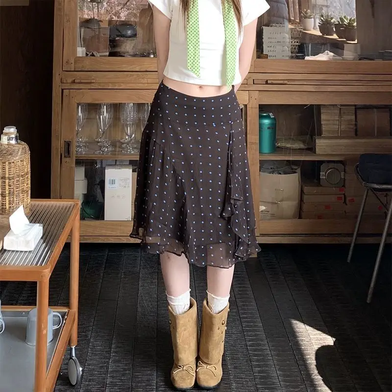 Vintage Brown White Polka Dot Chiffon Midi Skirts Women New High Waist Irregular Ruffle Layered Flowy A Line Casual Ankle Skirts
Vintage Brown White Polka Dot Chiffon Midi Skirts Women New High Waist Irregular Ruffle Layered Flowy A Line Casual Ankle Skirts
