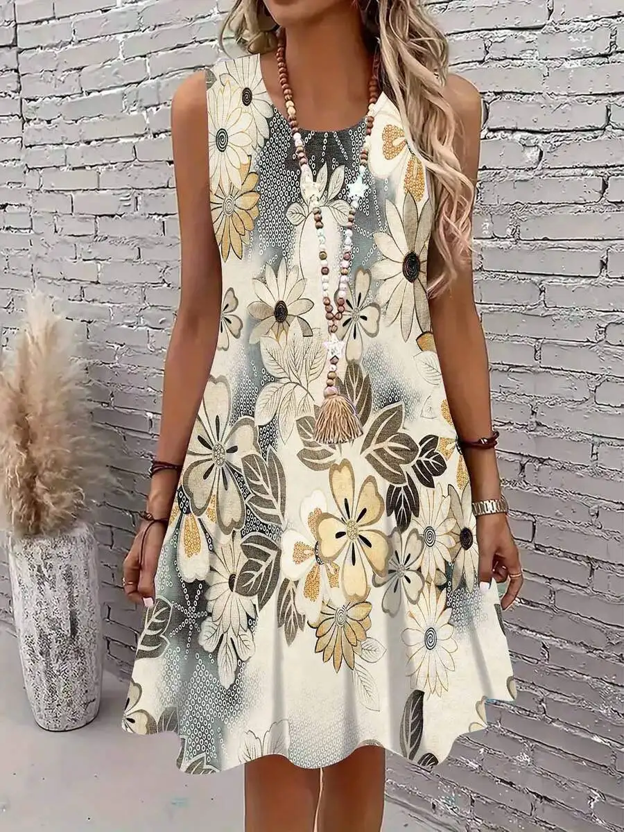 Floral Print Sleeveless Dress With Tassel Necklace For Casual Wear
Floral Print Sleeveless Dress With Tassel Necklace For Casual Wear