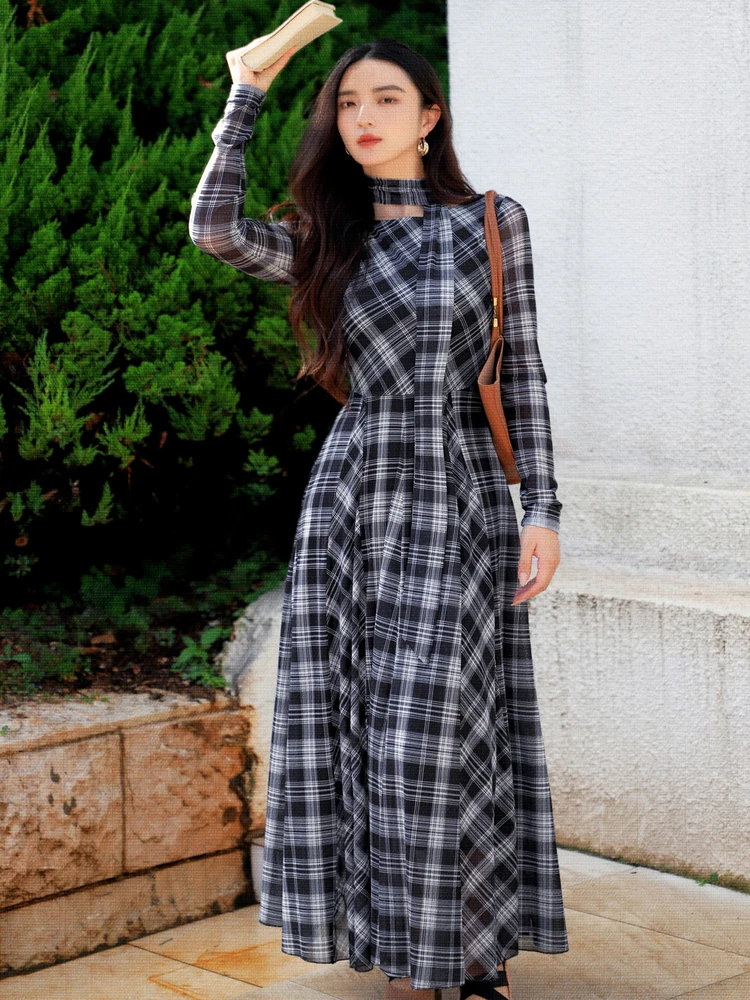Elegant Vintage Plaid Dress Women's High Elasticity Skirt Large Swing Base Long Dress Spring Autumn City Commute Casual Travel
Elegant Vintage Plaid Dress Women's High Elasticity Skirt Large Swing Base Long Dress Spring Autumn City Commute Casual Travel