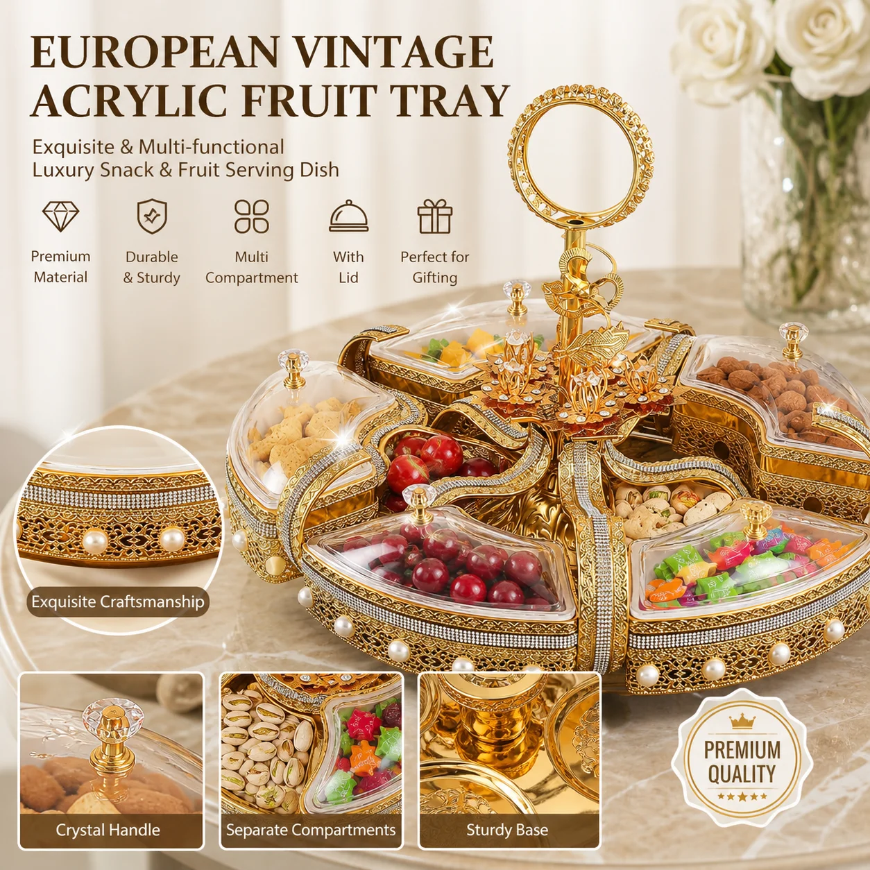 Luxury Zinc Alloy Acrylic Snack Box with Lids Divided Dried Fruit Serving Tray Vintage Gold-Color Candy Dish Platter
Luxury Zinc Alloy Acrylic Snack Box with Lids Divided Dried Fruit Serving Tray Vintage Gold-Color Candy Dish Platter
