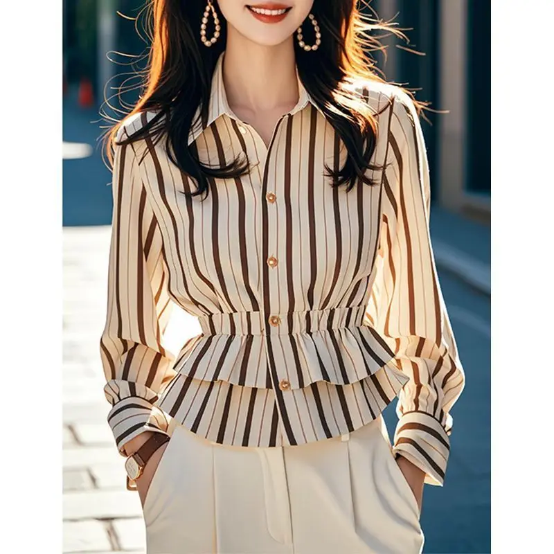 Vintage Striped Short Blouse Spring Autumn New Long Sleeve Polo Neck Elegant Shirt Tops Fashion Casual Office Women Clothing
Vintage Striped Short Blouse Spring Autumn New Long Sleeve Polo Neck Elegant Shirt Tops Fashion Casual Office Women Clothing