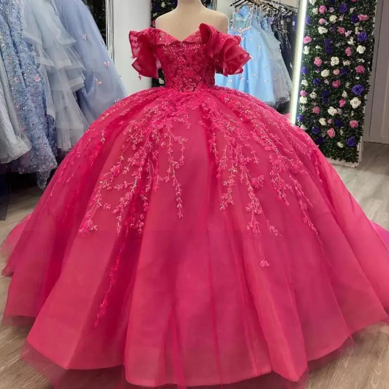 Customized Rose Red Quinceanera Dresses Appliques Beads Ball Gowns Tulle Princess Sweet 16 Dress Lace up vestidos de 15
Customized Rose Red Quinceanera Dresses Appliques Beads Ball Gowns Tulle Princess Sweet 16 Dress Lace up vestidos de 15