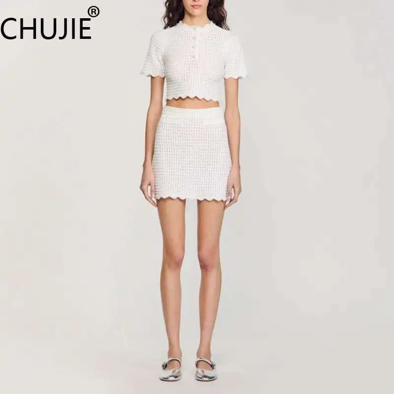 CHUJIE Women's Dress Set Retro Texture Beaded Lace Hollow White Knitted Short Sleeve Top+Skirt Set 2025 Spring/Summer New
CHUJIE Women's Dress Set Retro Texture Beaded Lace Hollow White Knitted Short Sleeve Top+Skirt Set 2025 Spring/Summer New