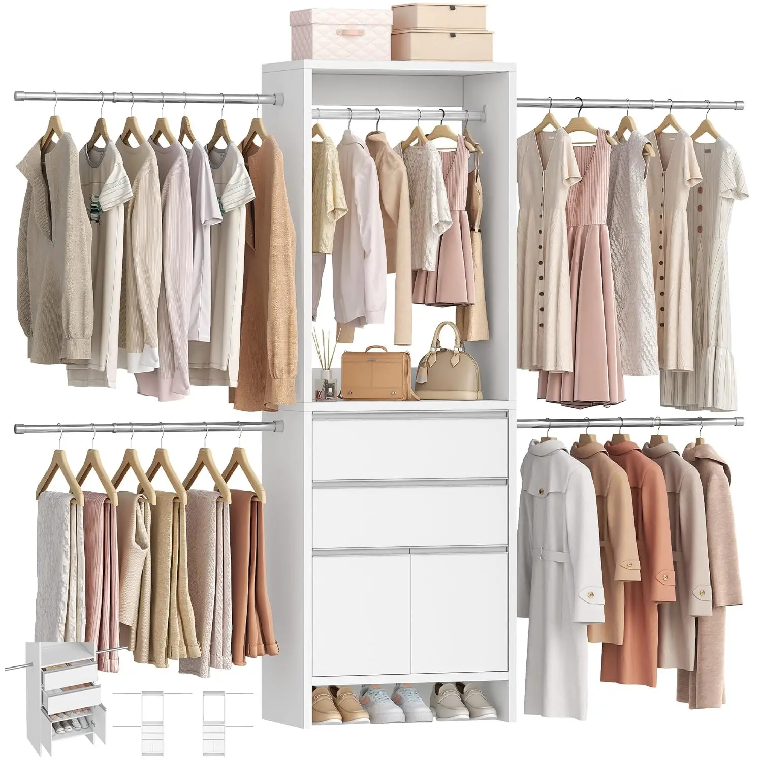 Wooden Walk-in Closet Organizer System with 4 Hang Rods 2 Drawers Shoe Cabinet Fits 4-9.8FT White, Customized
Wooden Walk-in Closet Organizer System with 4 Hang Rods 2 Drawers Shoe Cabinet Fits 4-9.8FT White, Customized