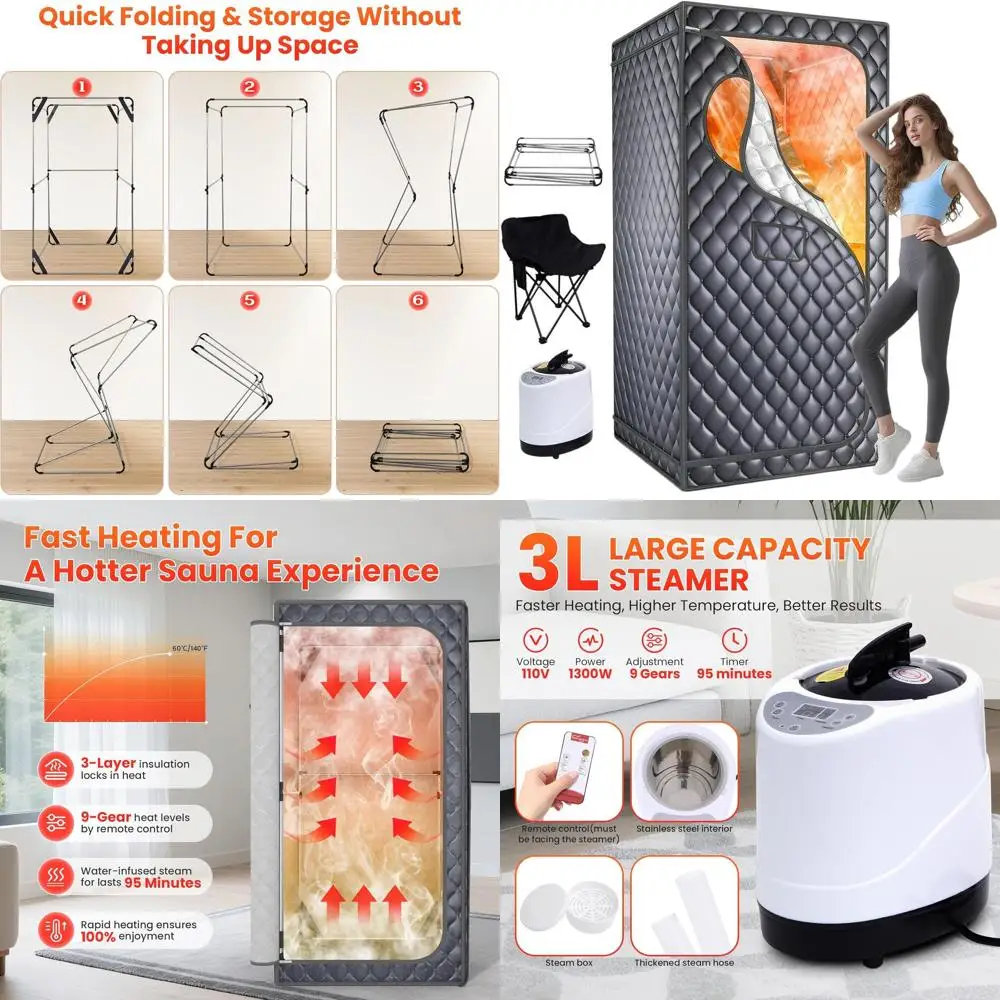 Upgraded Personal Steam Sauna Box with 3L 1300W Steamer, Folding Chair, Extra Large Size, Full-Body Sauna Tent, Gray
Upgraded Personal Steam Sauna Box with 3L 1300W Steamer, Folding Chair, Extra Large Size, Full-Body Sauna Tent, Gray