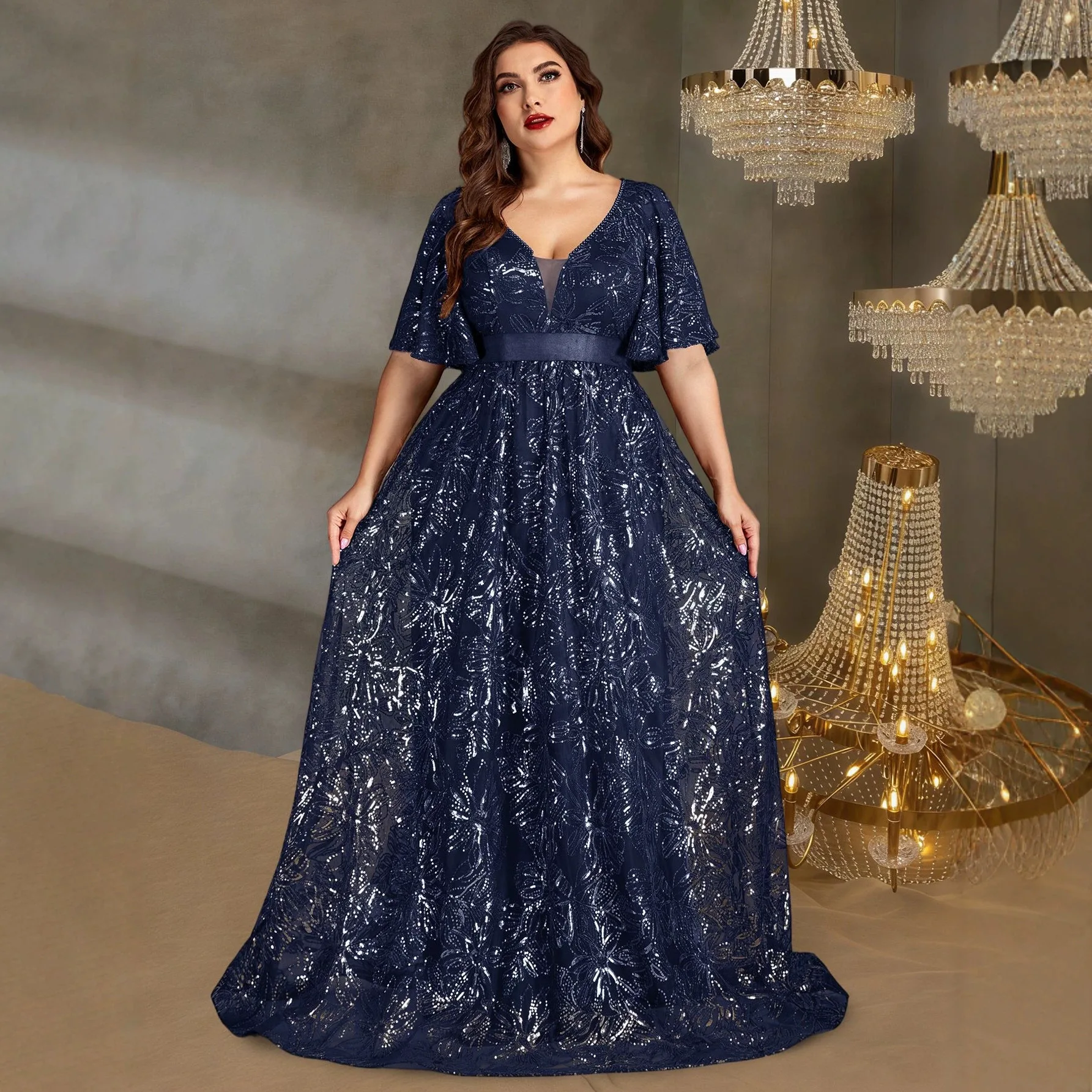 Plus Size Navy Floral Sequin Mesh Maxi Dress Deep V Flutter Short Sleeve Satin Waistband Flowy A Line Mother of Bride Evening
Plus Size Navy Floral Sequin Mesh Maxi Dress Deep V Flutter Short Sleeve Satin Waistband Flowy A Line Mother of Bride Evening