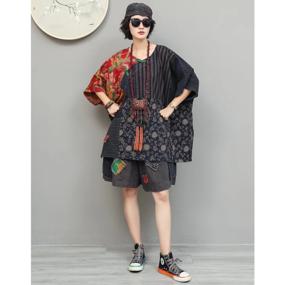 Vintage-style Women Summer Suit Printed Cotton-linen Patchwork Button-up Top + Loose Wide-leg Shorts Two Piece Set XY308
Vintage-style Women Summer Suit Printed Cotton-linen Patchwork Button-up Top + Loose Wide-leg Shorts Two Piece Set XY308