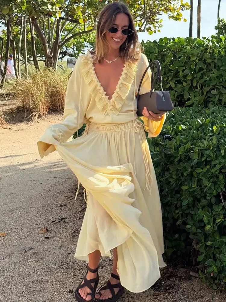 Chiffon Ruffled Lace-Up Shirts Top Female See-Through V-Neck Solid Long Sleeve Loose Pullover Casual For Women Blouse 2025
Chiffon Ruffled Lace-Up Shirts Top Female See-Through V-Neck Solid Long Sleeve Loose Pullover Casual For Women Blouse 2025