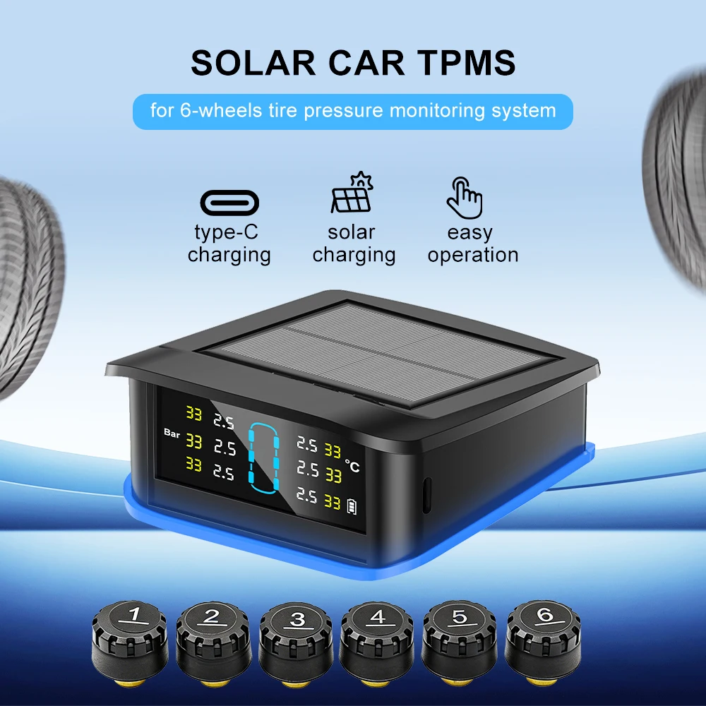 6 External Sensors Truck RV TPMS Safety Alarm Solar TPMS Digital LCD Display Car Tire Pressure Alarm Monitoring System
6 External Sensors Truck RV TPMS Safety Alarm Solar TPMS Digital LCD Display Car Tire Pressure Alarm Monitoring System