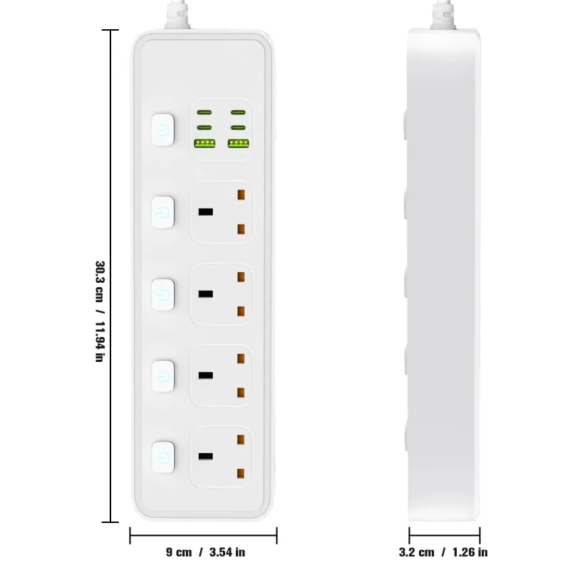 UK Plug Power Strip with 4 AC Sockets USB Type-C Port Independent Switch Controlled Power Socket 2m Cable Surge Protector
UK Plug Power Strip with 4 AC Sockets USB Type-C Port Independent Switch Controlled Power Socket 2m Cable Surge Protector