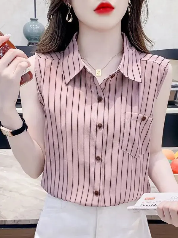 Женская летняя новая модель: шифоновая блузка без рукавов, тонкая, прямого кроя, в корейском стиле, с воротником, стандартной длины, в полоску, базовый топ
Женская летняя новая модель: шифоновая блузка без рукавов, тонкая, прямого кроя, в корейском стиле, с воротником, стандартной длины, в полоску, базовый топ