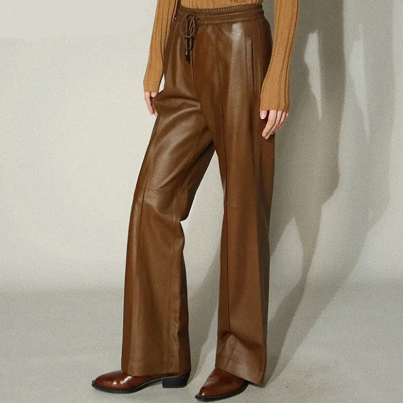 Leather Long Pants Women New Commuter Elastic Waist Drawstring Slim Sheepskin Wide Leg Full Length Straight Cylinder Trousers
Leather Long Pants Women New Commuter Elastic Waist Drawstring Slim Sheepskin Wide Leg Full Length Straight Cylinder Trousers