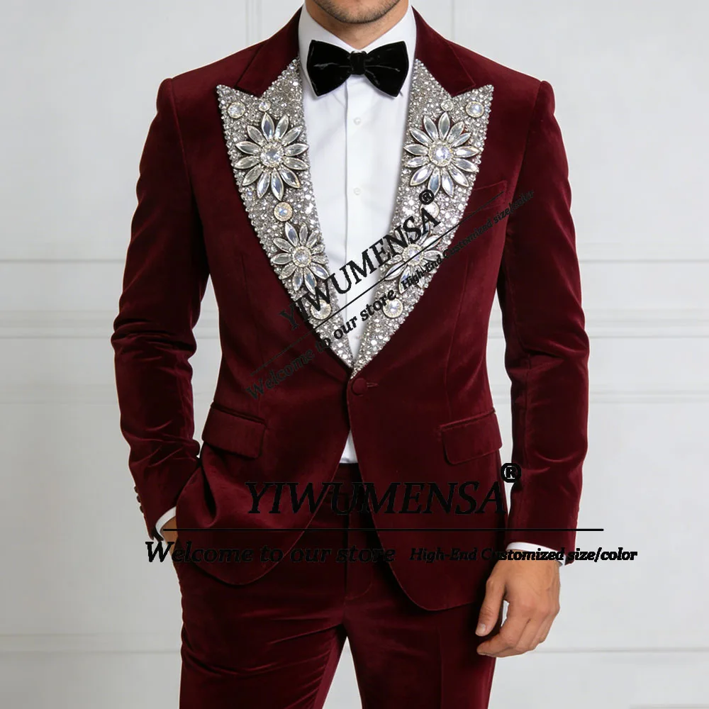 Elegance Suit Men Burgundy Velvet Prom Blazers Customized Sparkly Sequin Diamond Jacket Pants 2 Piece Sets Groom Wedding Tuxedos
Elegance Suit Men Burgundy Velvet Prom Blazers Customized Sparkly Sequin Diamond Jacket Pants 2 Piece Sets Groom Wedding Tuxedos