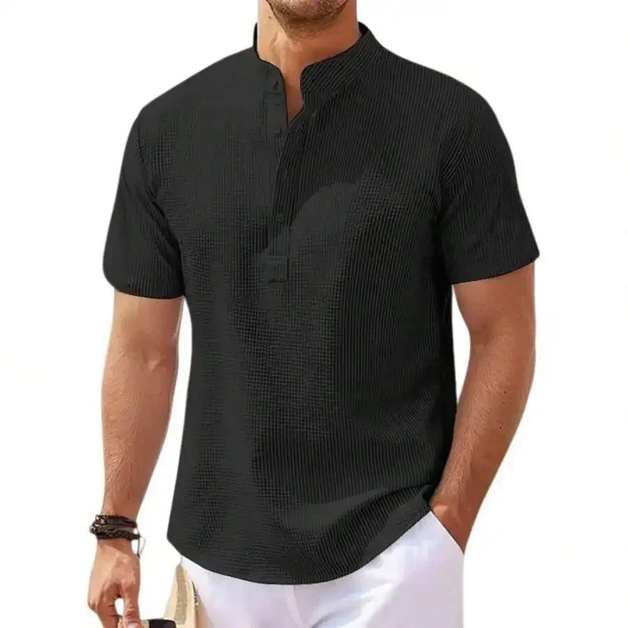 Mens Stand Collar Ribbed Short Sleeve Button Front Casual Shirt
Mens Stand Collar Ribbed Short Sleeve Button Front Casual Shirt